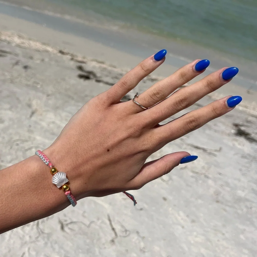 Handmade woven pink and blue zipper bracelet with pearl shell bead